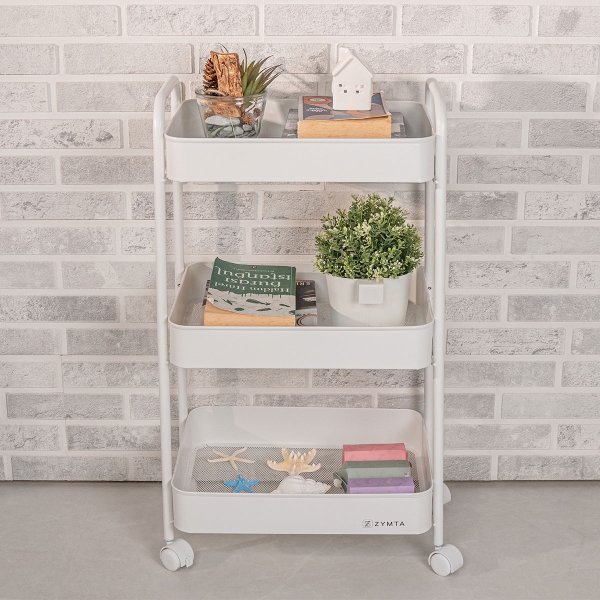 White 3 Tier Rolling Organizer | Multifunctional Metal Utility Cart | 44.7x30.6x77.3cm Mobile Storage Shelf with Locking Casters (if applicable) | Space-Saving for Home, Office, Salon