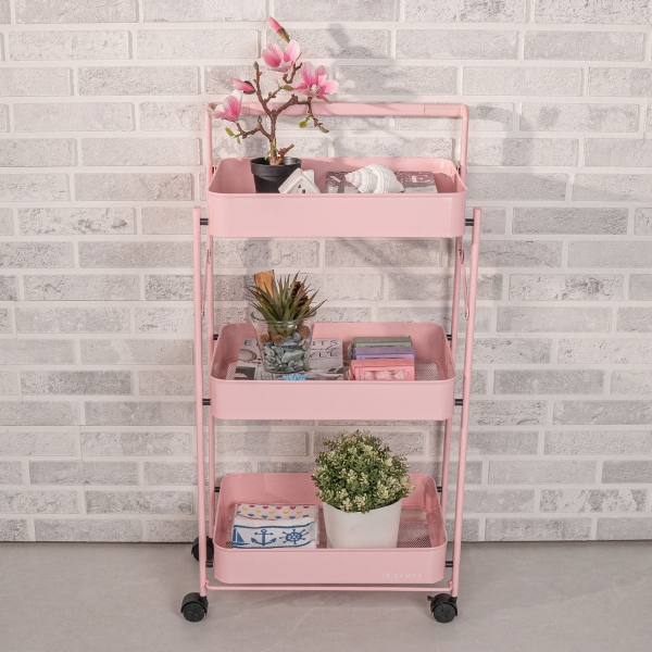 3-Tier Folding Rolling Cart - Pink Metal | 45.3 x 29.6 x 86.6 cm | Multifunction Kitchen Trolley | Portable Storage with Wheels