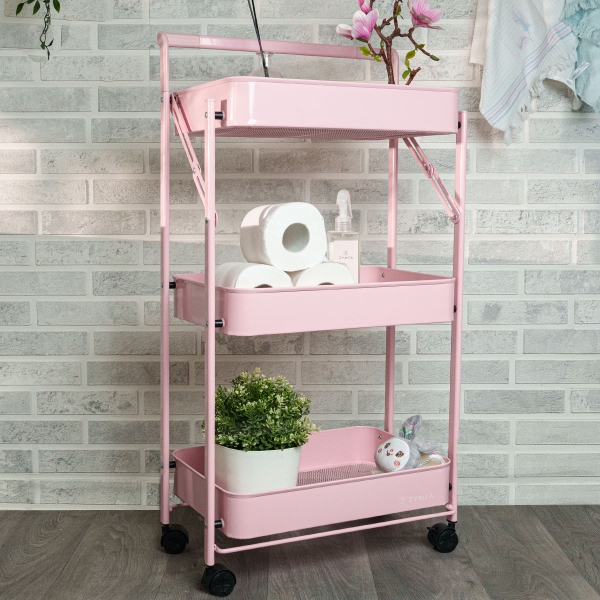 3-Tier Folding Rolling Cart - Pink .. - 1