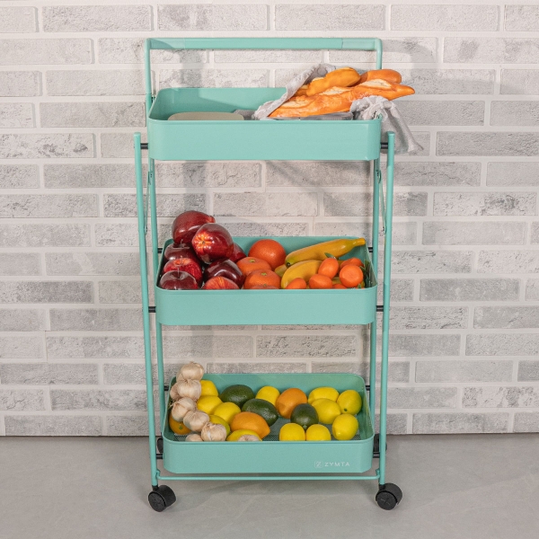 Folding 3 Tier Rolling Cart | 45.3x29.6x86.6cm Metal Kitchen Trolley | Multifunctional Storage Holder with High Quality Universal Wheels | Eco-Friendly Green Utility Cart for Home, Office, Pantry
