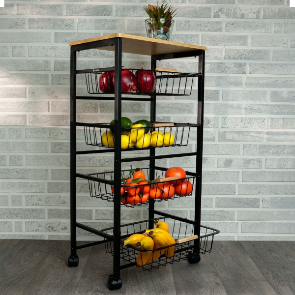 4-Tier Rolling Cart - Wooden Top & .. - 1
